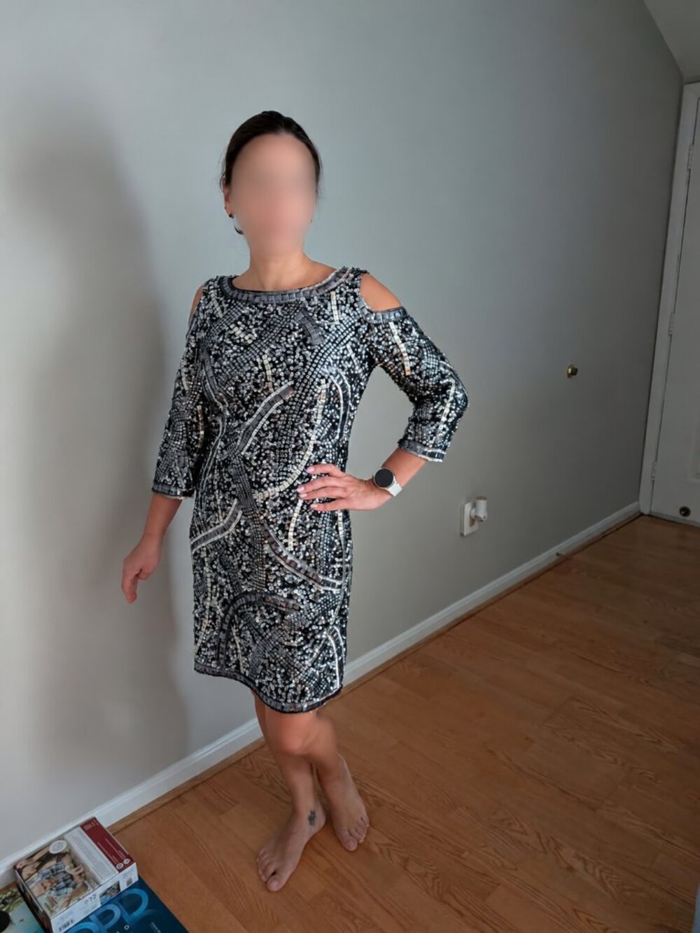 Aidan Mattox Size 6 Black Silver Sequin Cold Shoulder Cocktail Dress 3/4 Sleeve